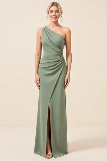 Matcha One Shoulder Chiffon Ruched Long Bridesmaid Dress with Slit
